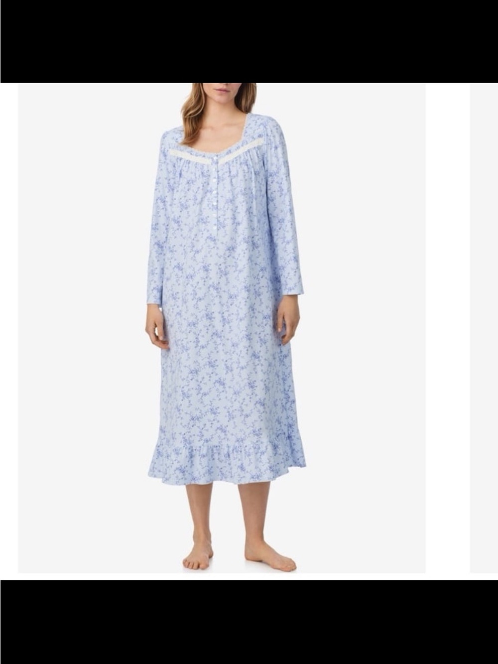 Eileen West Light Blue Floral Long Sleeve Nightgown with Lace Yoke